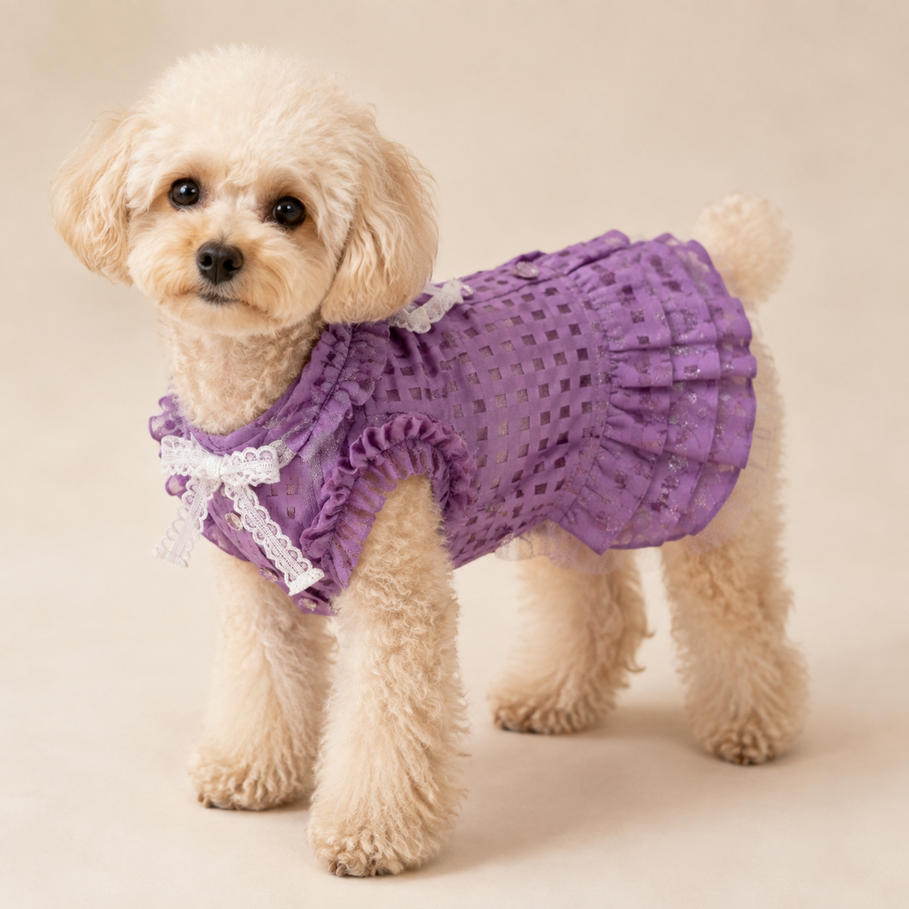 KALINA Dog Clothes Purple Check Frill Dress XS